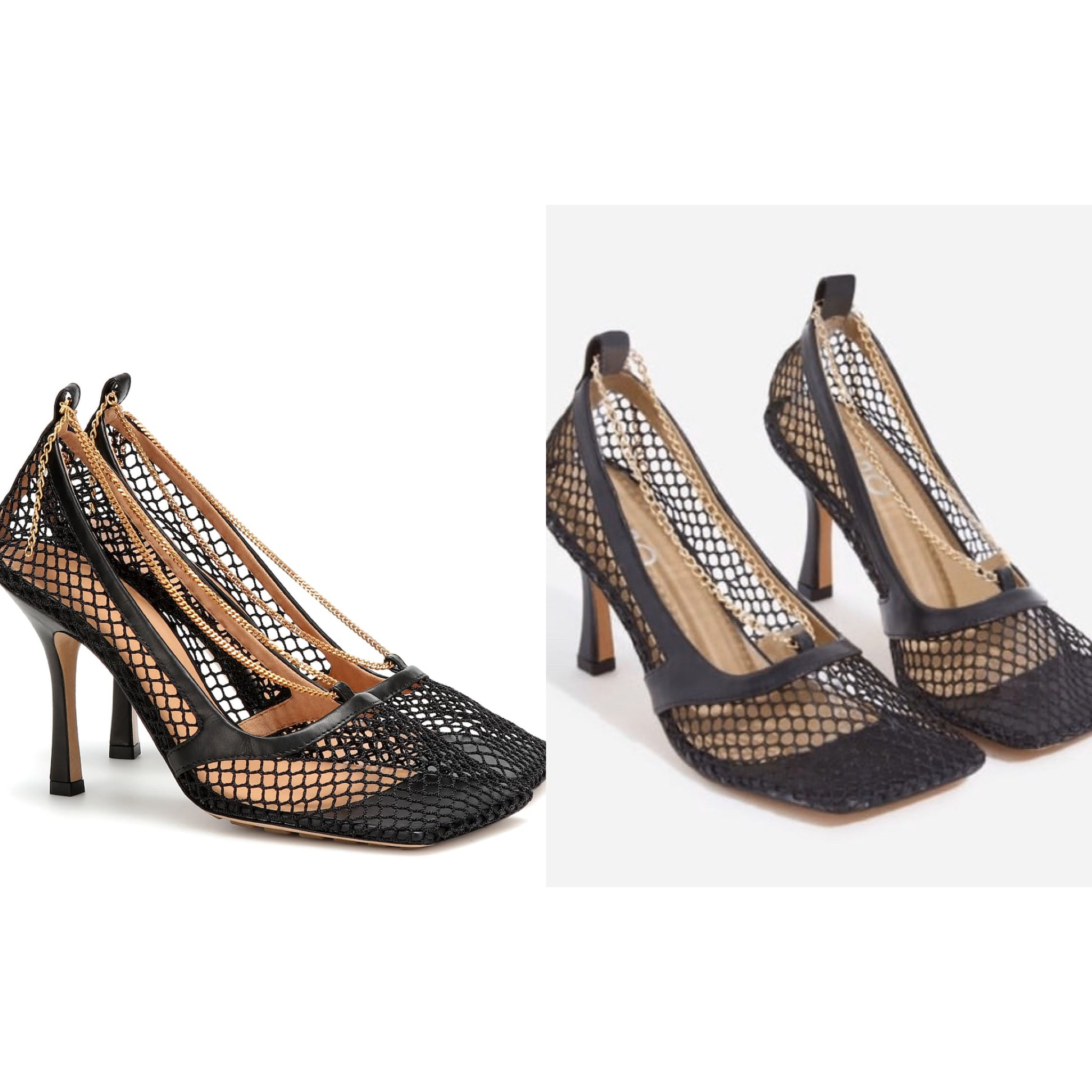 Ballin’ On A Budget: Bottega Veneta Mesh Pumps VS. EGO Montag Chain Detail Square Kitten Heel