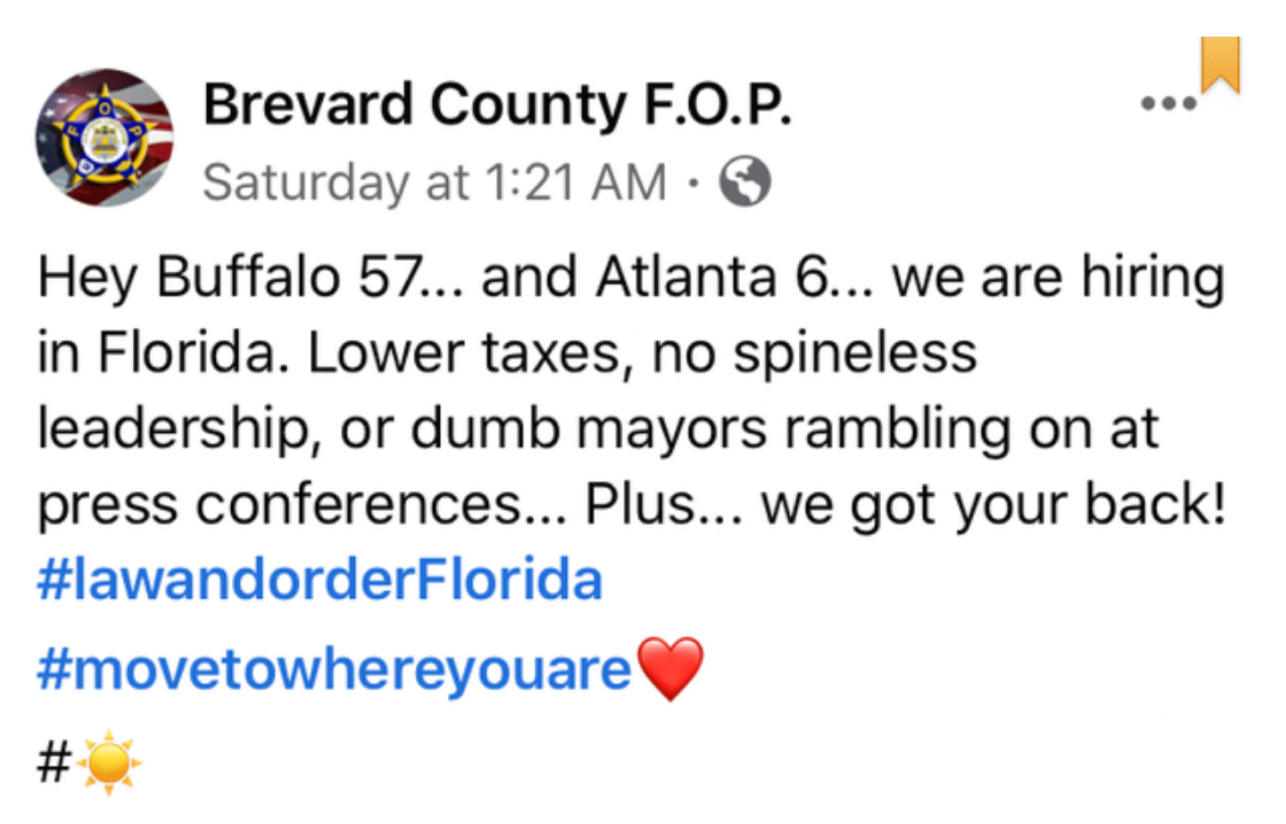 Brevard County Fraternal Order of Police Puts Out Ad To Hire Cops Who Were  Disciplined Or Fired for Excessive Force in Buffalo and Atlanta