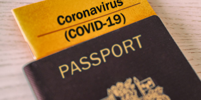 Coronavirus COVID-19 Vaccination proof booklet in passport. Travel ban health certificate Corona screening of travelers tourists. Closure of airports restricted traveling