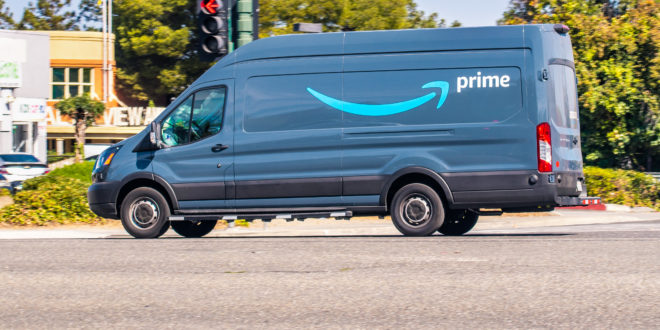 Amazon van making deliveries