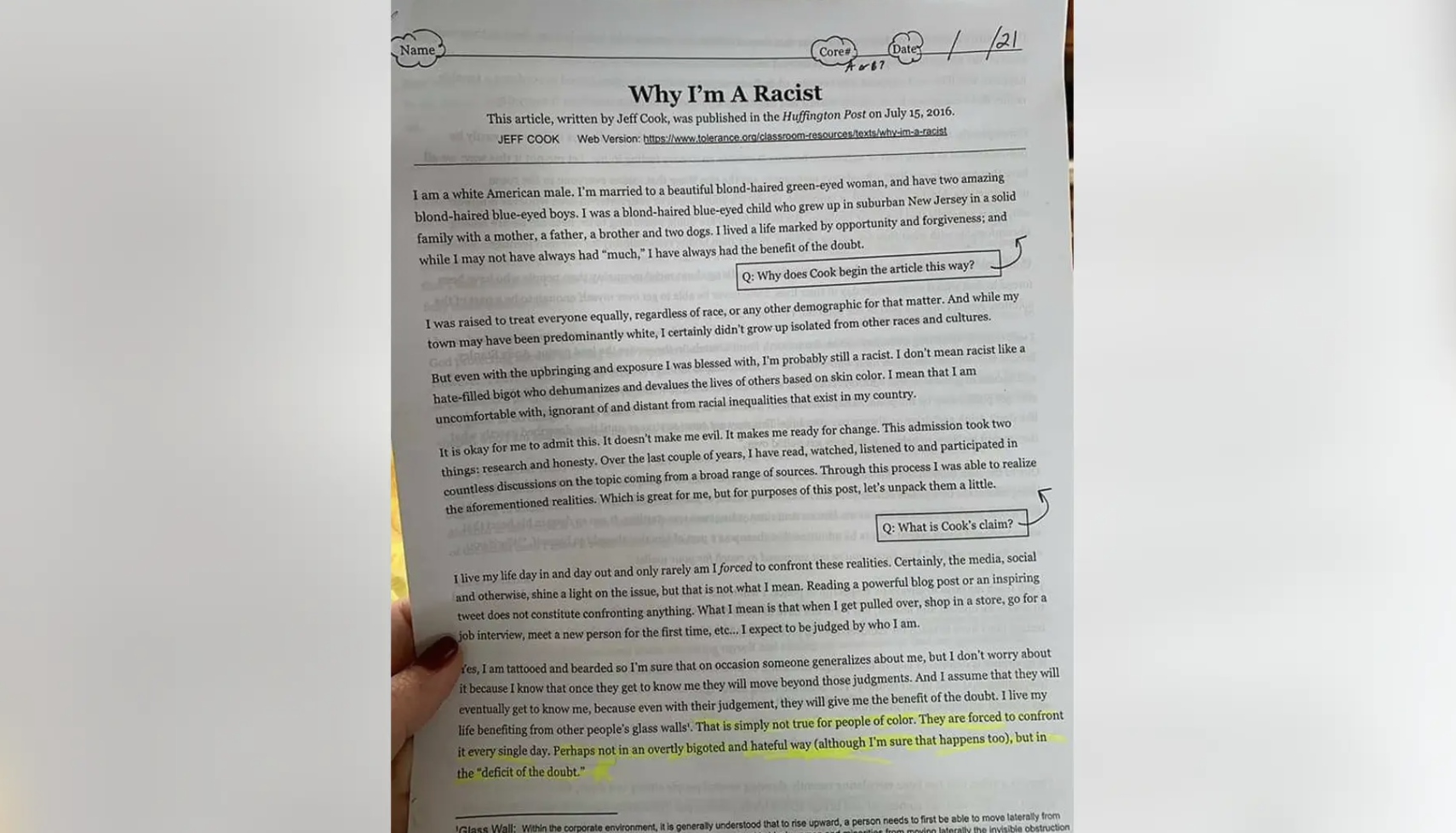 The "Why I'm a Racist" assignment at Oak Middle School.