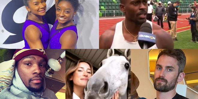 Simone Biles, Jordan Chiles, Kevin Love, Jessica Springsteen, Kevin Durant and Trayvon Bromwell