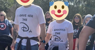 Couples wear raunchy message on T-shirt at Disney theme park.