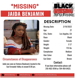 Flyer for missing actress Jaida Benjamin, 27.