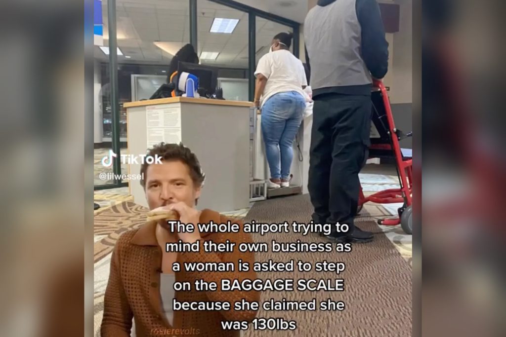 Woman Weighed On Baggage Scale In Front Of Other Passengers