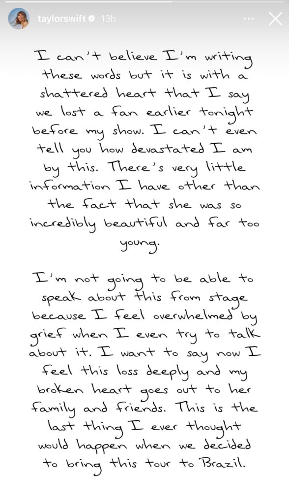 Taylor Swifts Grieves Over Fan Who Died at Her Concert