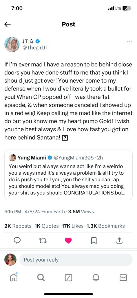 jt vs yung miami tweets