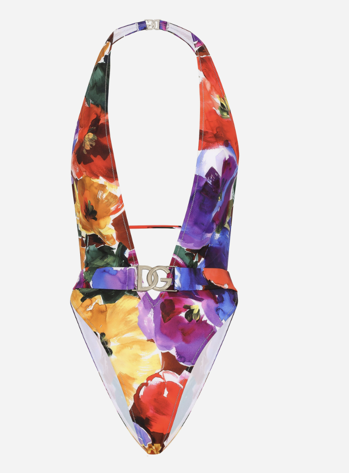 Dolce & Gabbana - Belted One Piece Swimsuit with Abstract Flower Print