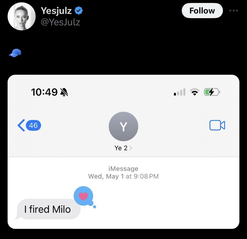 Yes Julz Calls Cap On Milo Yiannopoulos Resignation From Yeezy, Shows  Texts From Ye Saying He Was Fired