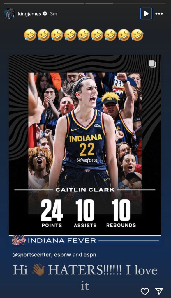 Lebron shares Caitlin Clark on IG