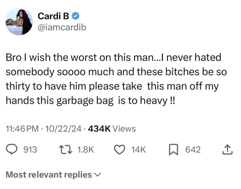Cardi B tweets about Offset