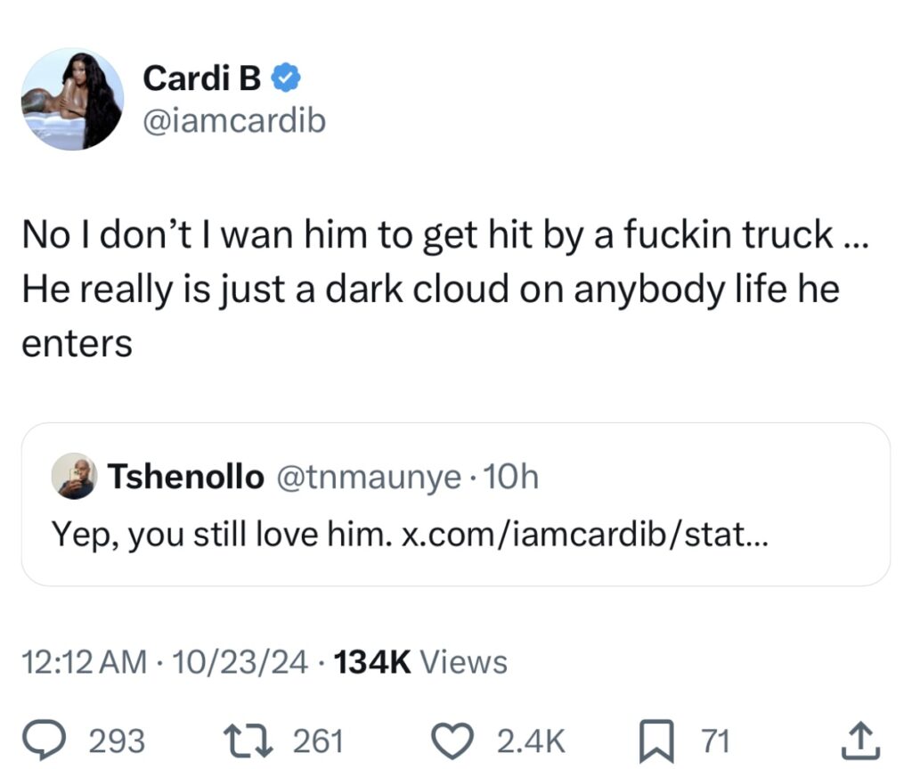 Cardi B tweets about Offset