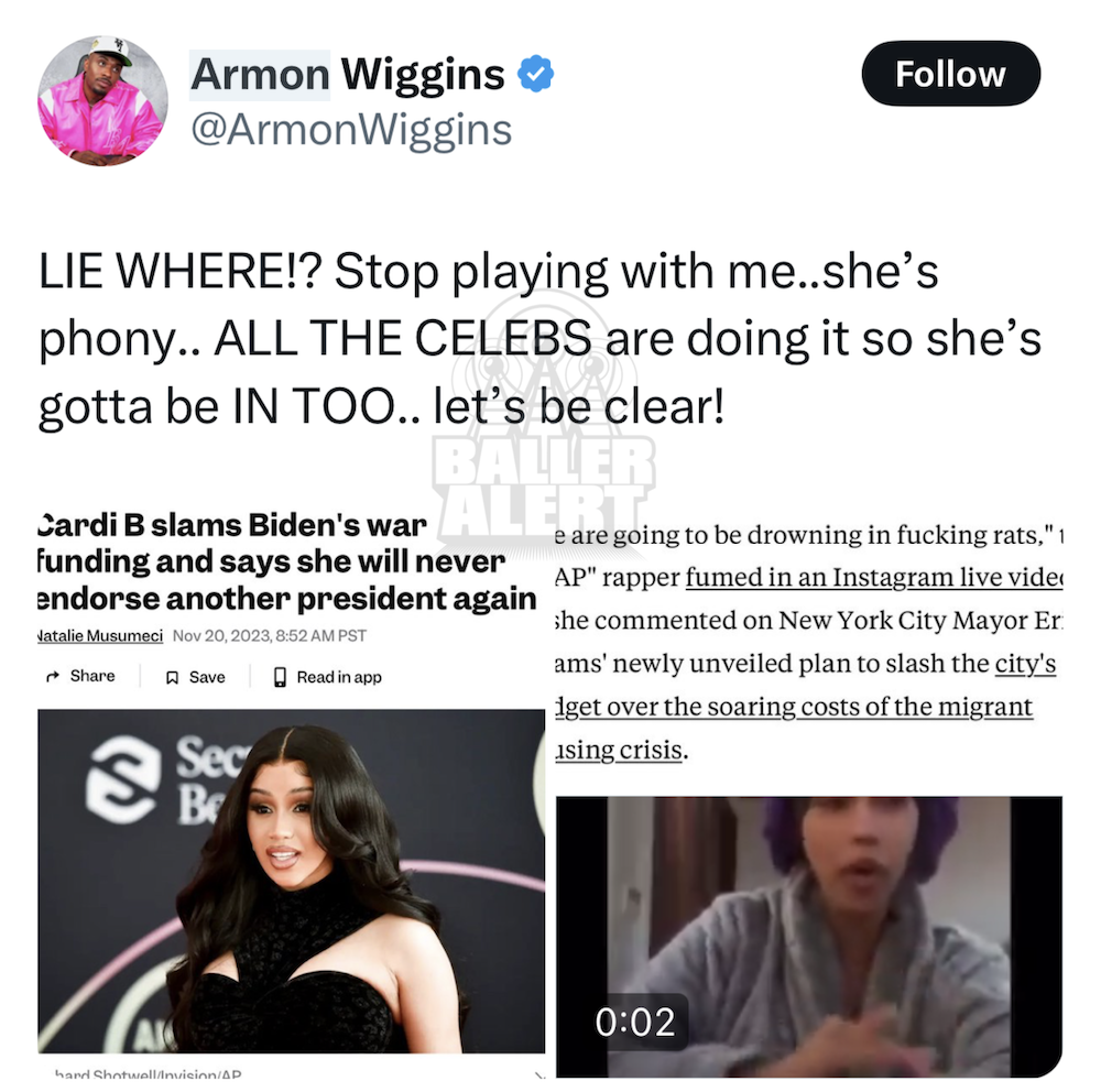 Cardi B and YouTuber Armon Wiggins exchanged words - Baller Alert Cardi B and YouTuber Armon Wiggins exchanged words