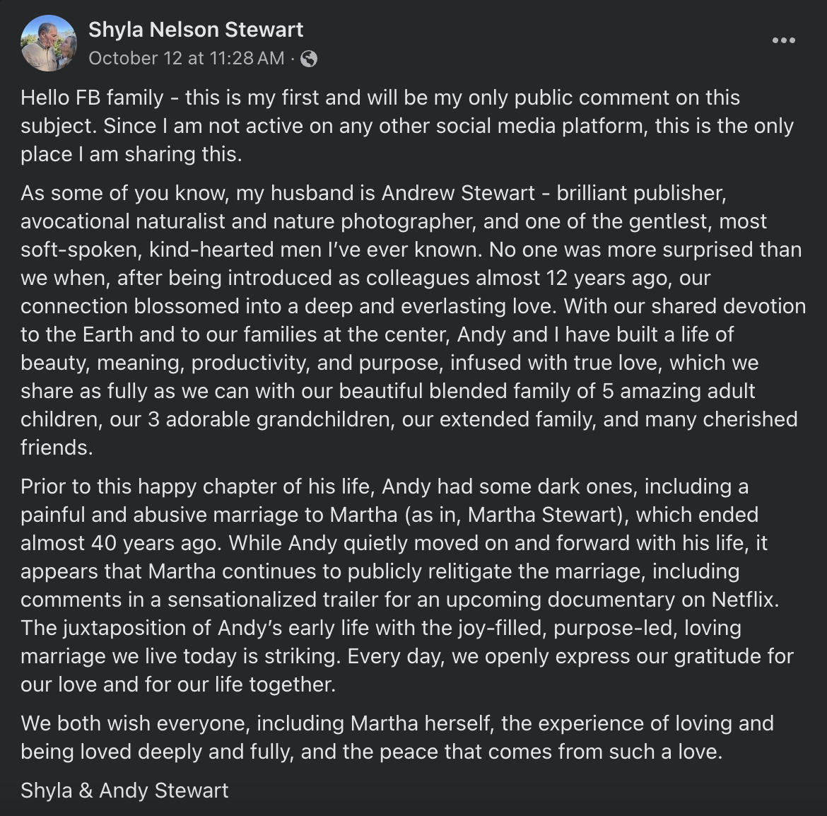 Screenshot 2024-11-09 at 112809 AM - Baller Alert Martha Stewart's Ex-Husband's Current Wife Claims the Businesswoman Abused Him In Lengthy Facebook Post