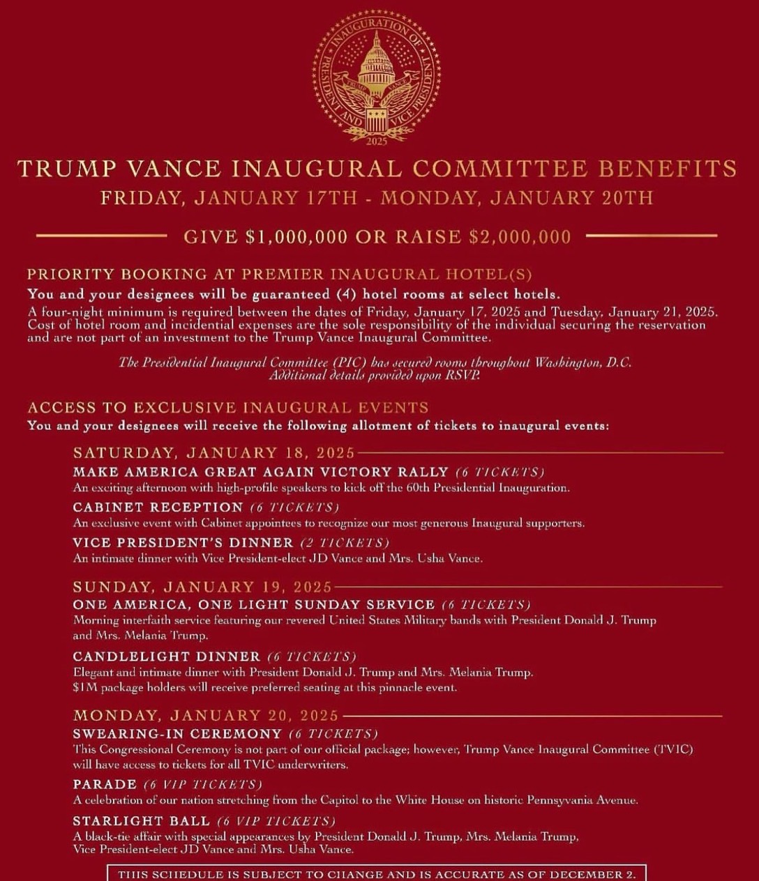 Trump's Inauguration Prayer Service and Exclusive Events Require Hefty Donations for Access
