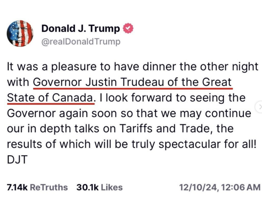Trump Mocks Canadian Prime Minister Justin Trudeau as “Governor” of Canada
