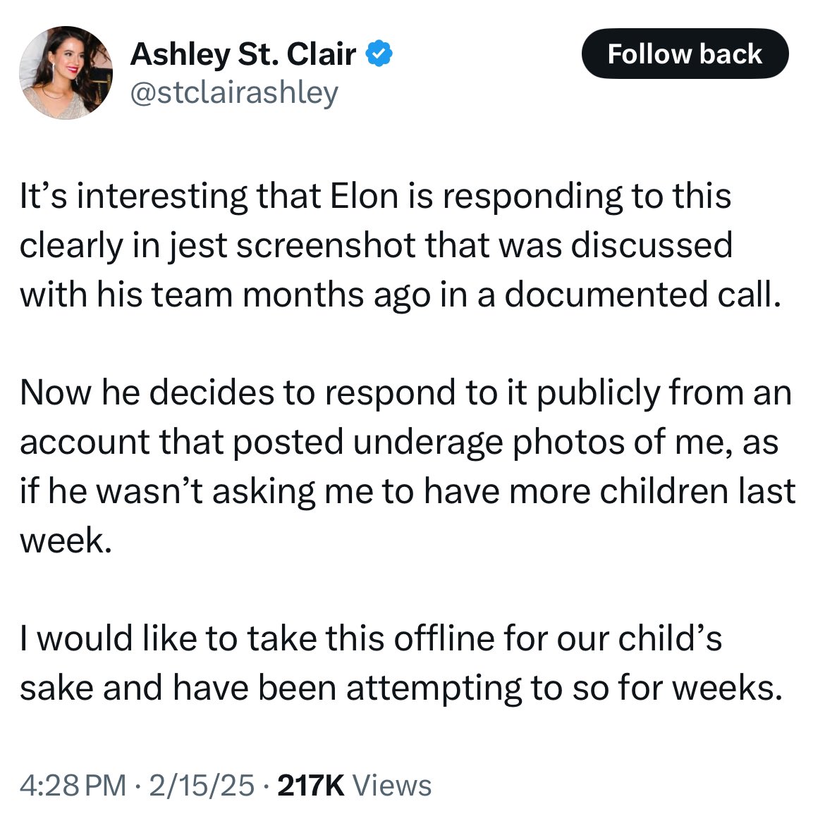 Author Ashley St. Clair Claims Elon Musk Has Neglected Her and Their Five-Month-Old Baby After Paternity Revelation