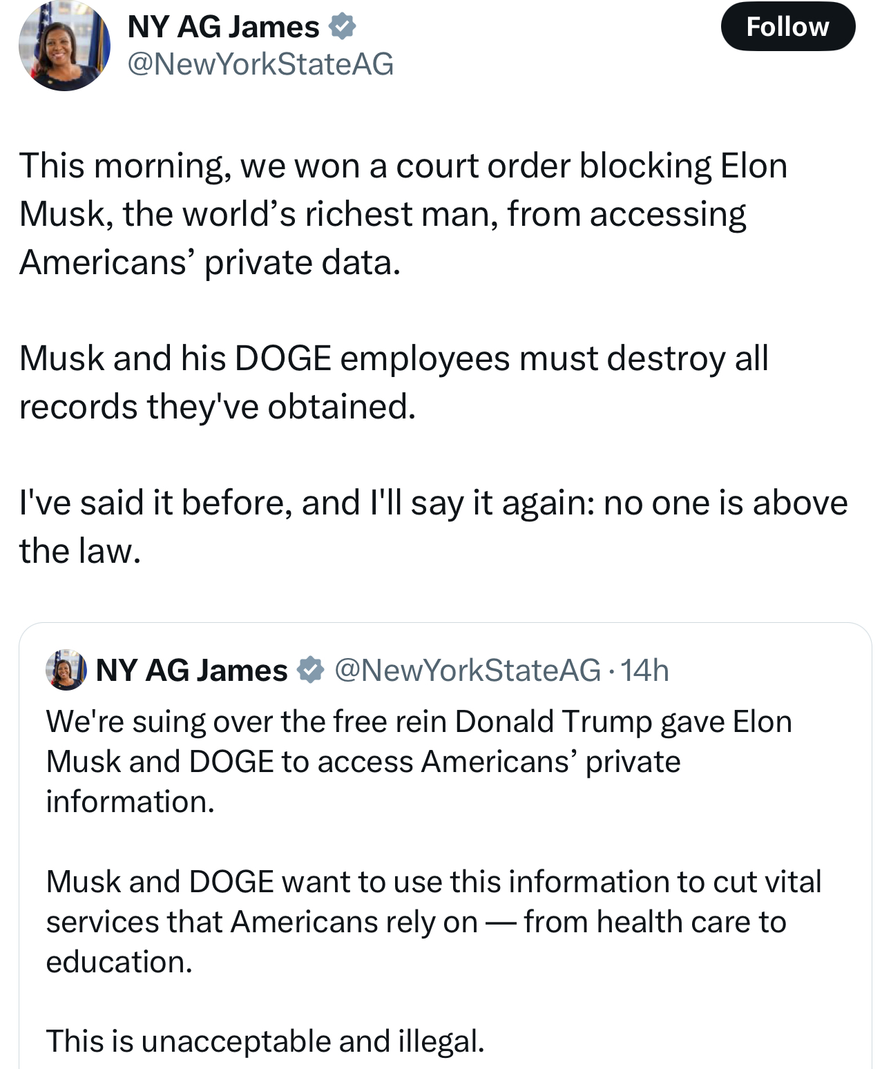 Letitia James Sues Trump Administration Over Elon Musk’s Access to Americans’ Private Data—Wins Court Battle [Video]
