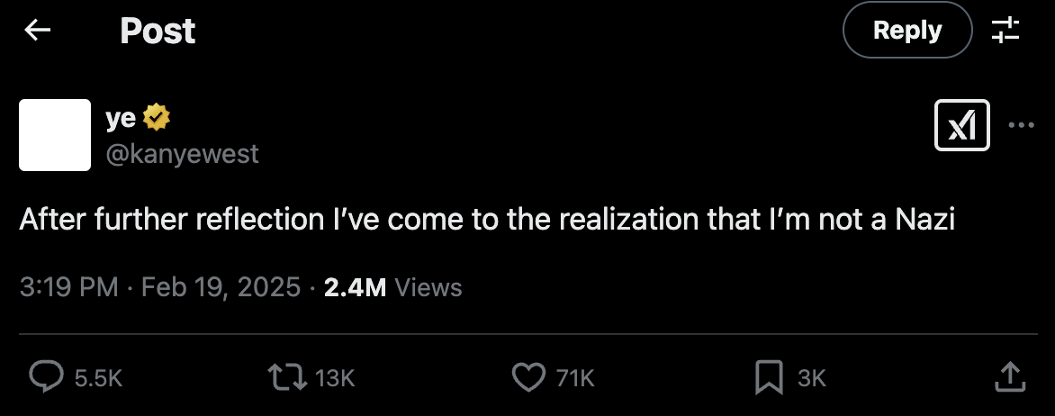 Ye Has a Change of Heart, Declares "I'm Not a Nazi" Following Hate Filled Rant