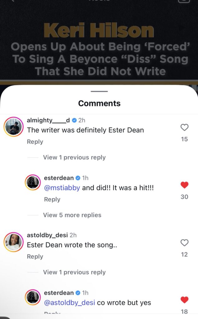 Ester Dean IG comment