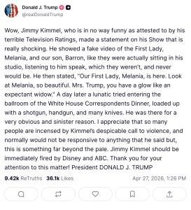 Screenshot of a Donald J. Trump tweet accusing Jimmy Kimmel of a fake video about Melania and Barron, demanding his firing and noting the post's engagement.