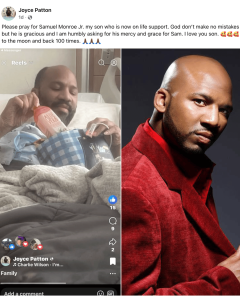 - Baller Alert Split image: left a man in a hospital bed holding juice pouches, right a headshot of a bald man in a red velvet jacket.