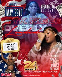 Promotional poster for Memorial Day Weekend party with patriotic colors, two women featured, bold event title, and date (May 22) plus venue details at the bottom left/right corners.