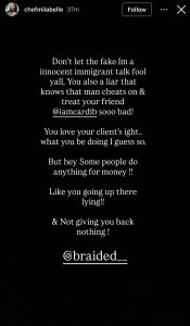 Instagram Story screenshot on black background with white text accusing someone of lying, cheating, and mistreating a friend, mentioning @iamcardib.
