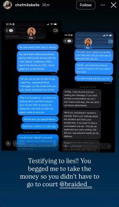 Instagram story screenshot of a heated text-message exchange about money, with blue iMessage bubbles and the contact 'Xia'.