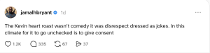 Jamal Bryant's verified post criticizing Kevin Hart's roast as disrespectful and saying it should not go unchecked. The caption discusses consent and climate for jokes being allowed.