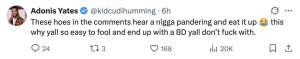 Tweet by Adonis Yates with a profane rant about women in the comments (contains explicit language).
