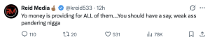 Tweet from Reid Media showing a message that includes a racist slur about money and pandering, with 110 comments, 20 retweets, and 531 likes.