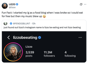 Lizzo's tweet about starting an Instagram food blog, with a winking face emoji; below is a screenshot of the Instagram profile 'lizzo be eating' showing 3,539 posts and 11.3M followers.