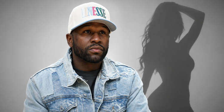 Man wearing a light denim jacket and white cap, looking pensively to the side; a large shadow of a dancing woman is on the wall behind him.