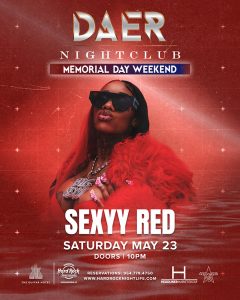 Daer Nightclub Memorial Day Weekend promo featuring Sexy Red in red fur and sunglasses; bold white text with event date and doors at 10PM on a red theme poster.