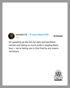 Screenshot of a Threads post from iamnjera about supporting dark-skinned Black women and Black love; includes Love Island USA header and Baller Alert logo in the corner.