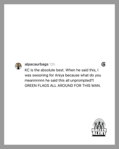 Instagram post praising KC: 'KC is the absolute best. When he said this, I was swooning for Aniya because what do you meannnn he said this all unprompted?! GREEN FLAGS ALL AROUND FOR THIS MAN.' with Baller Alert watermark bottom-right.