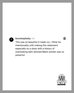 Instagram post by bossleapbaby: 'This was so beautiful it made cry. I think his intentionality with making this statement especially on a show with a history of overlooking dark skinned Black women was so powerful.' Logo reading 'BALLER ALERT' in bottom-right.