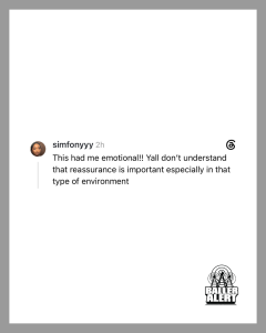 Instagram-style post by user simfonyyy, text reads: "This had me emotional!! Yall don’t understand that reassurance is important especially in that type of environment" with a small profile photo on the left and a Ballner Alert logo in the bottom-right.