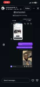 Instagram story-style screenshot on dark UI showing a post by richforever and a chat about a car show, with purple message bubbles and a 'Add to your story' prompt