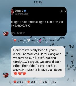 Screenshot of a Cardi B post with a black background, shows text about naming fans 'Bardi Gang' and a grey chat bubble with a long message; reaction counts displayed below.