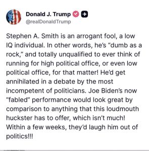 Screenshot of a Trump tweet calling Stephen A. Smith an arrogant fool and mocking Biden’s performance.