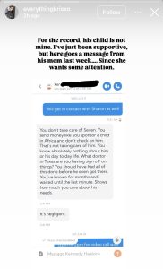 Screenshot - Baller Alert Instagram story screenshot with bold text accusing a parent of neglect and a chat message thread below.