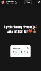 Black background with bold white text: 'I give birth on my birthday — A real gift from GOD' with party, heart, and raised-hand emojis; a birthday timer card shows 05:11:13 (months, days, hours).