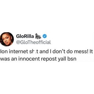 Partial screenshot of GloRilla's Twitter profile showing the round avatar on the left, display name 'GloRilla', a blue verification badge, and the handle '@GloTheofficial'.