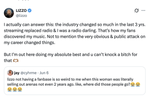 Tweet by Lizzo saying the music industry has changed a lot in 3 years, fans discovered her music, public attacks changed things, and she’s doing her best; includes a heart emoji. A reply from jay is shown beneath.