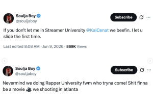 Two screenshots of Soulja Boy's tweets announcing collaboration with Kai Cenat and a movie shoot in Atlanta.
