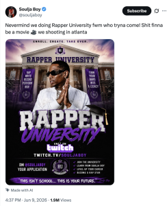 Poster for Rapper University featuring Soulja Boy in white, hands clasped, in front of a university building with purple banners.