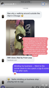DM screenshot showing a video thumbnail of a person in a lime-yellow outfit with a pink head wrap, in a casual chat about Chicago. It includes a large pink caption bubble overlay text in the image and a 90k views preview.