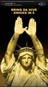 Gold-toned Statue of Liberty with hands raised, overlaid text reads 'BRING DA HIVE KNICKS IN 5' on a dark background